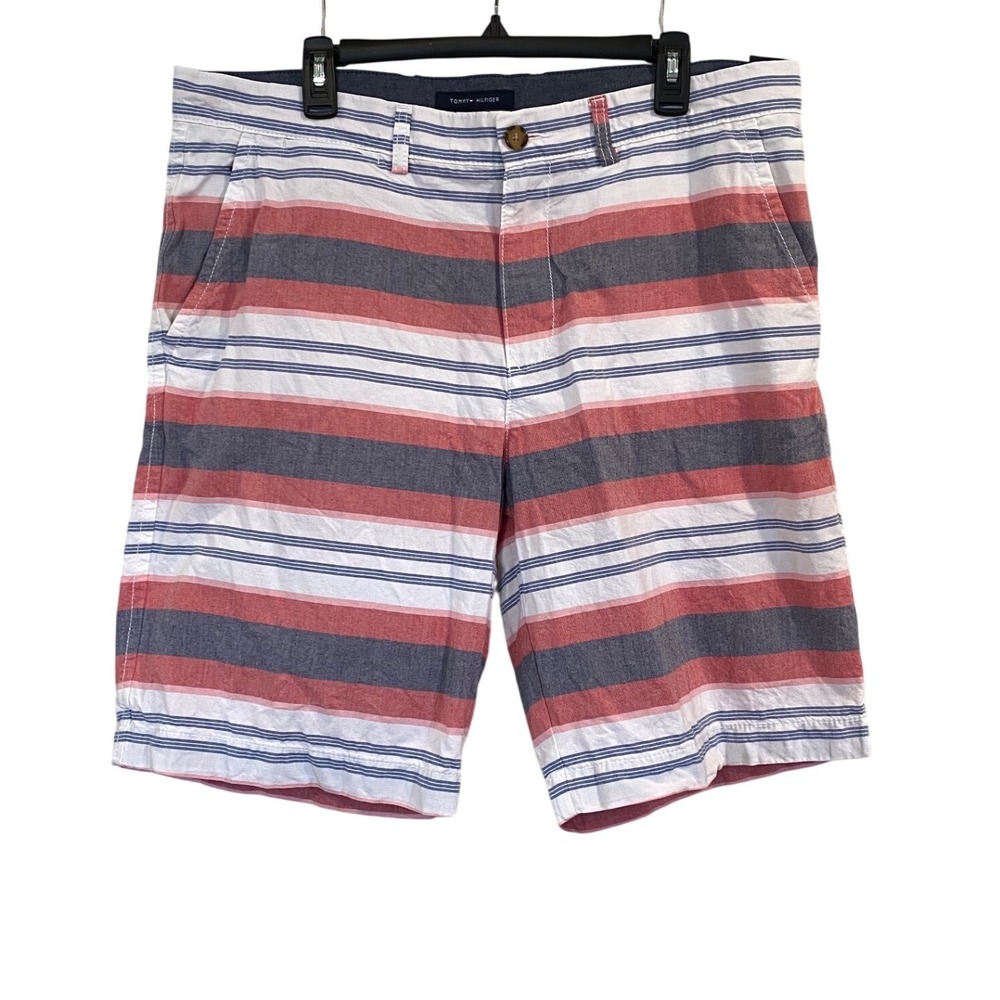Tommy Hilfiger Mens Size 36 Striped‎ Chino Shorts Red White Blue Cotto